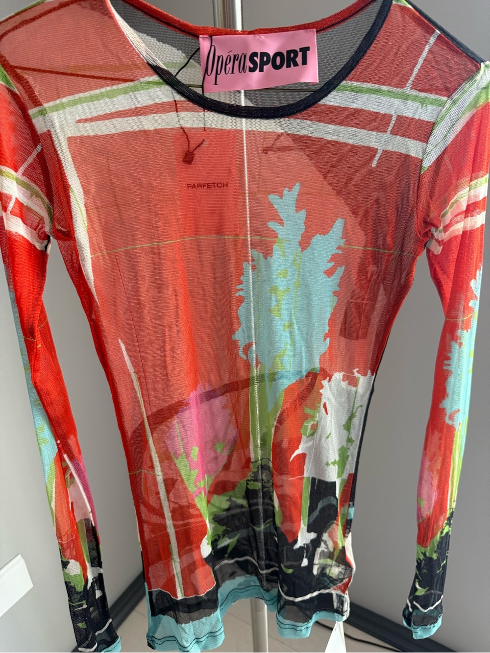 NWT OpéraSPORT Sheer Mesh Long Sleeve Top Red Multi Size S